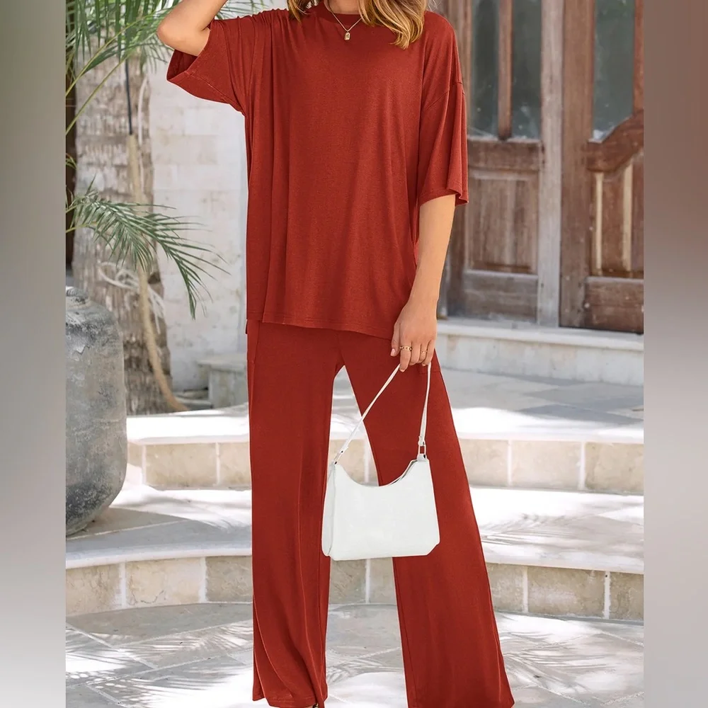 Short Sleeve Pullover Tops And Wide Leg Pants Two Piece Set - Picture 3 of 3